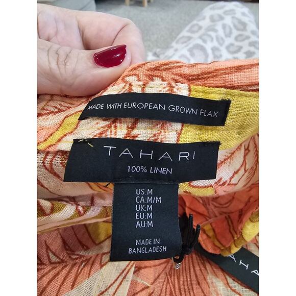 NWT Tahari Linen Button Up Blouse Size Med Hawaiian Tropical Beach Pink Yellow - Picture 3 of 4
